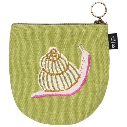 Green half moon shape zip pouch with embroidered snail, front side