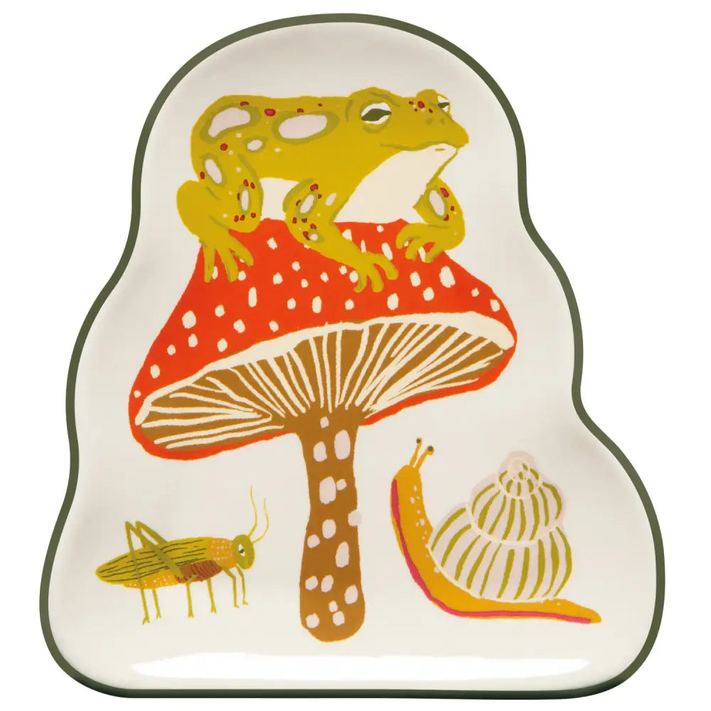 Stoneware trinket tray with a frog on a mushroom and snail and katydid - PABOOM