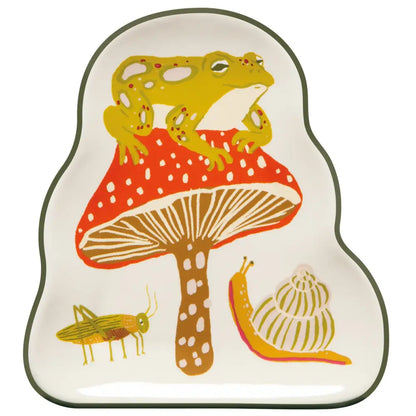 Stoneware trinket tray with a frog on a mushroom and snail and katydid - PABOOM