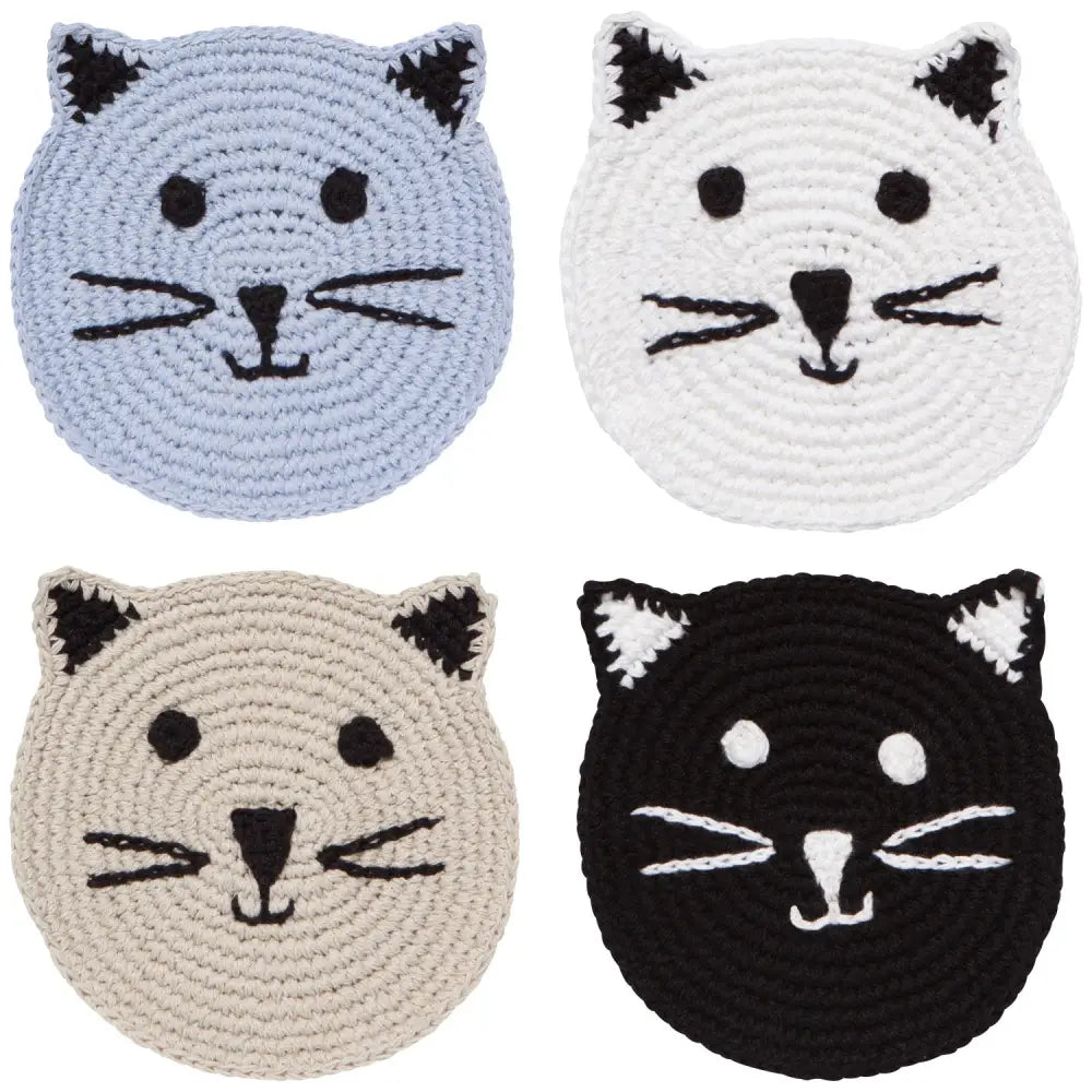4 assorted crochet cat face coasters