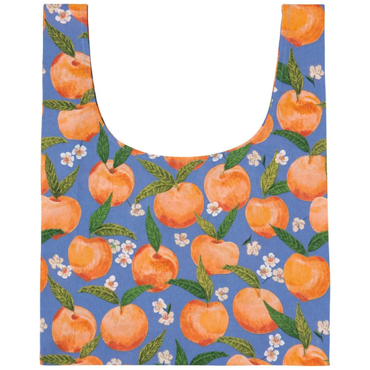 Reusable Blue Tote bag with orange peaches and small yellow flowers