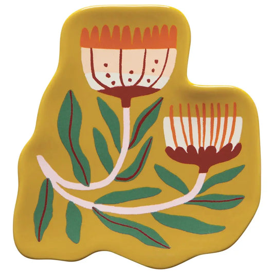 Mustard coloured Trinket Tray with drawn flowers and leaves