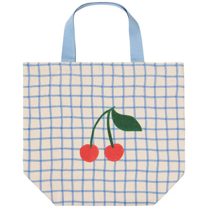 Danica - cherry-patterned tote bag blue handles