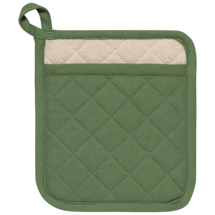 Elm green quilted pocket potholder with a hanging loop and cream terry cloth lining – PABOOM