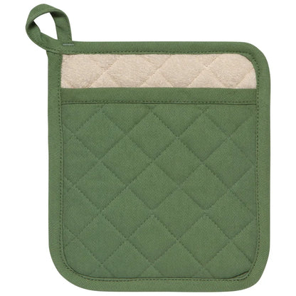 Elm green quilted pocket potholder with a hanging loop and cream terry cloth lining – PABOOM