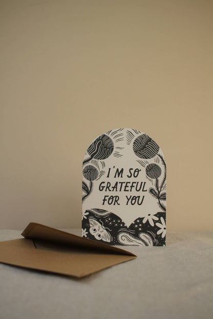 'I'm So Grateful For You' thank you card paired with its recycled kraft envelope