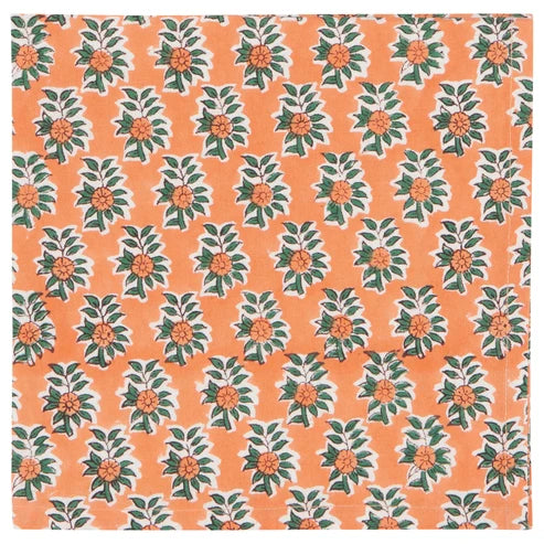 Gather napkin shown unfolded to display the peach tree motif block print pattern - PABOOM
