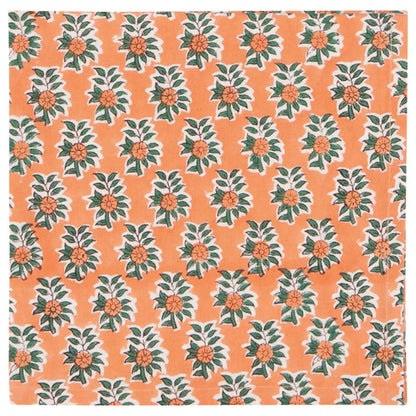 Gather napkin shown unfolded to display the peach tree motif block print pattern - PABOOM