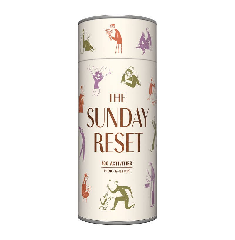 The Sunday Reset pick-a-stick tube with 100 activities and illustrated figures doing chores and self-care - PABOOM