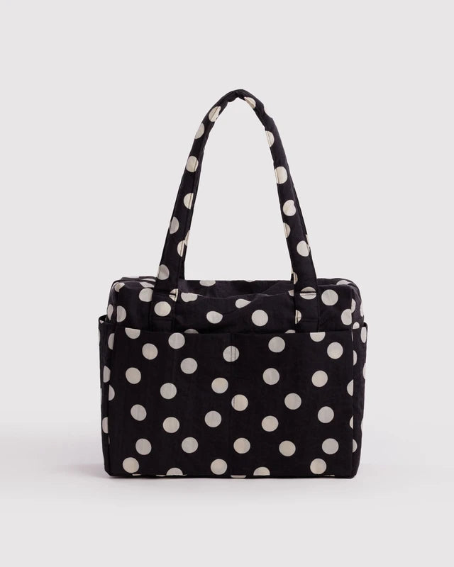 BAGGU Small Cloud Carry-On in black and cream polka dot with exterior tech pocket - PABOOM