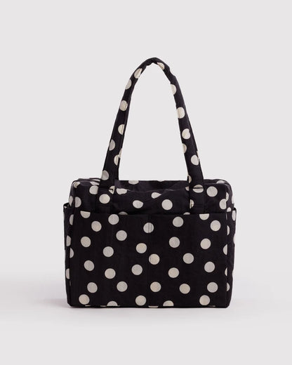 BAGGU Small Cloud Carry-On in black and cream polka dot with exterior tech pocket - PABOOM