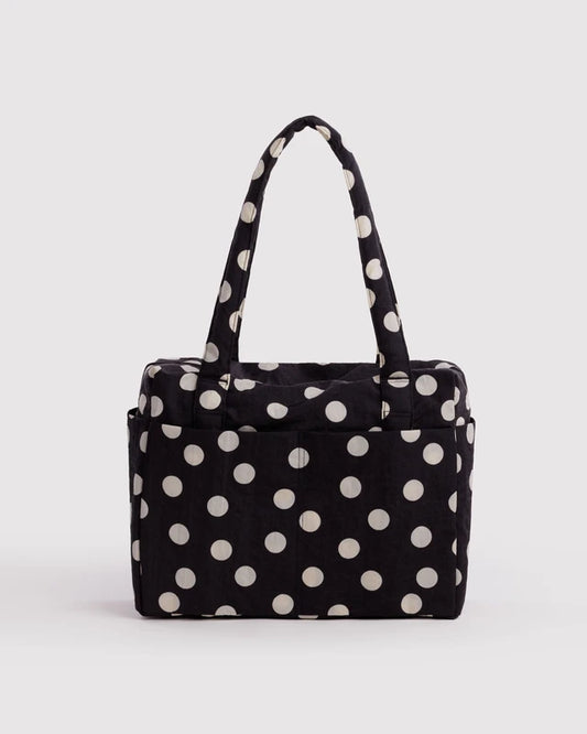 BAGGU Small Cloud Carry-On in black and cream polka dot with exterior tech pocket - PABOOM