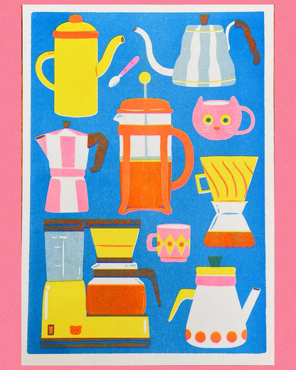 Risograph print featuring colourful coffee pots, French press, pour-over kettle and a cat-shaped mug on blue background - PABOOM