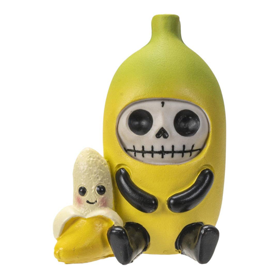 Hand-painted resin figurine of a yellow banana with a skeleton face seated beside a smiling peeled banana character