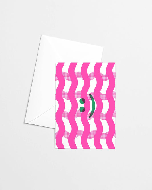 Pink gingham wave greeting card with a green smiley face emoji - PABOOM