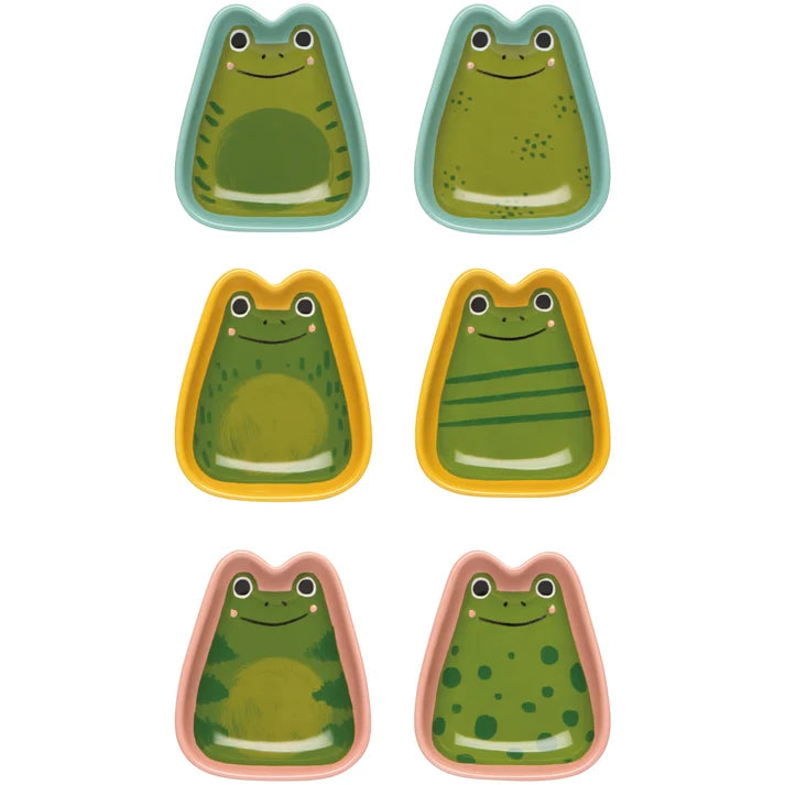 Six frog-shaped stoneware pinch bowls in teal, yellow, and pink with different pattern details – PABOOM