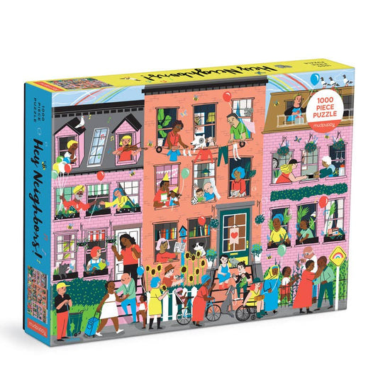 Hey Neighbors 1000 piece family puzzle box with colourful brownstones and neighbours waving from windows - PABOOM