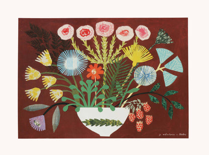 A3 art print of a collaged folk-art bouquet in a patterned bowl on a deep burgundy background, featuring dried flowers, ferns, berries and antique paper cutouts, signed 'Jo Waterhouse for Hadley'