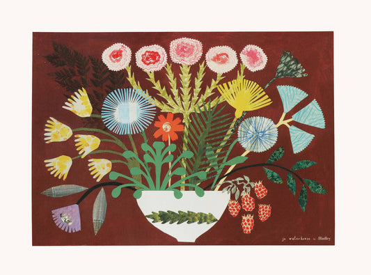 A3 art print of a collaged folk-art bouquet in a patterned bowl on a deep burgundy background, featuring dried flowers, ferns, berries and antique paper cutouts, signed 'Jo Waterhouse for Hadley'