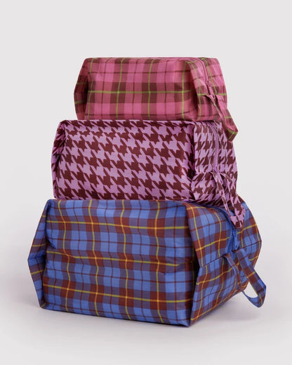 BAGGU 3D Zip Set in Check Mix print, three stacked expandable pouches - PABOOM