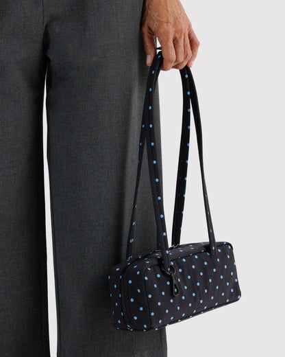 BAGGU Small Nylon Bowler Bag Black and Sky Blue Micro Dot strap and hardware detail - PABOOM