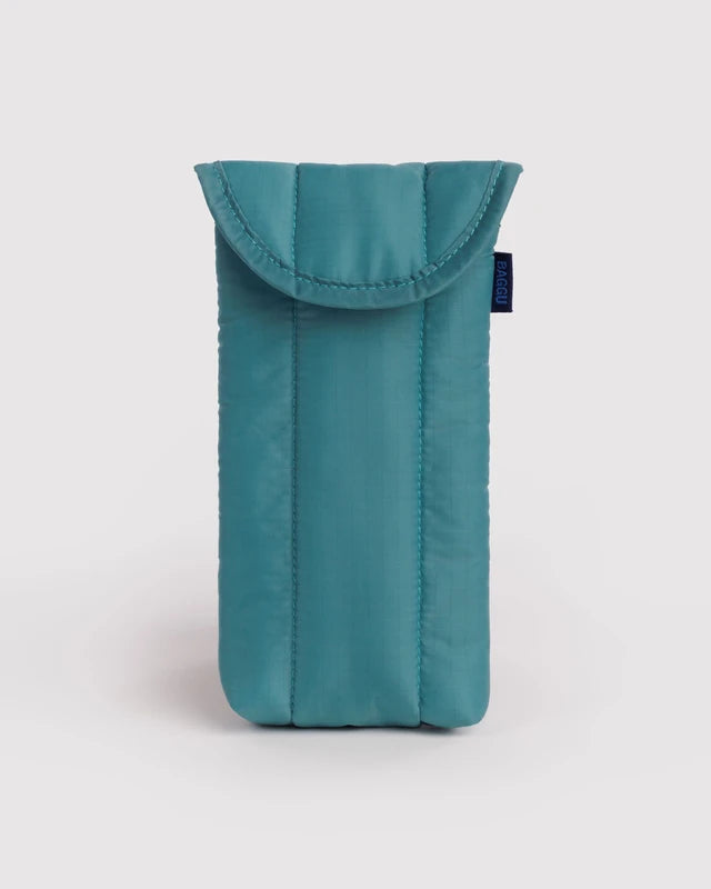BAGGU Puffy Glasses Sleeve in peacock blue with magnetic flap closure