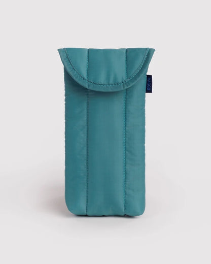 BAGGU Puffy Glasses Sleeve in peacock blue with magnetic flap closure