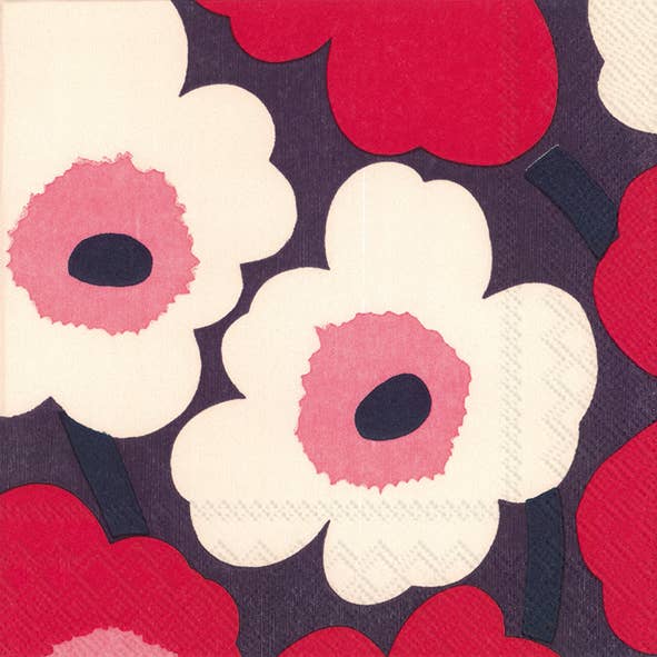 Marimekko UNIKKO cocktail napkin in red and cream poppy print on deep plum background