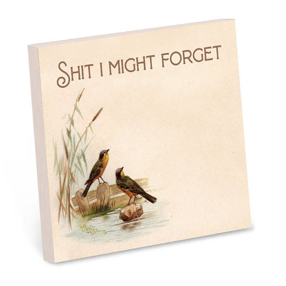 Cream sticky note pad with a vintage illustration of two birds by water, reading Shit I might forget