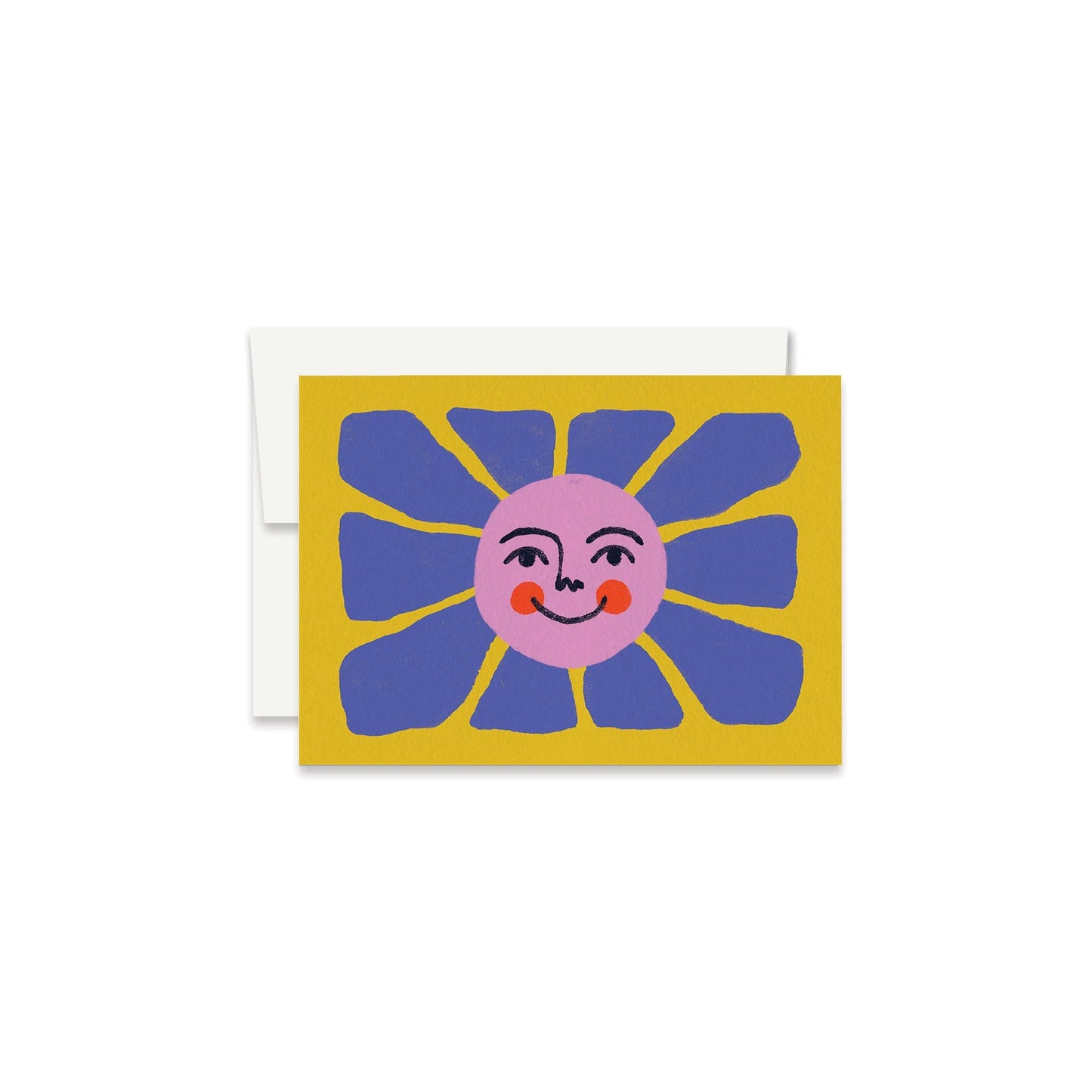 Purple-petaled sunflower with a smiling pink face on mustard yellow background