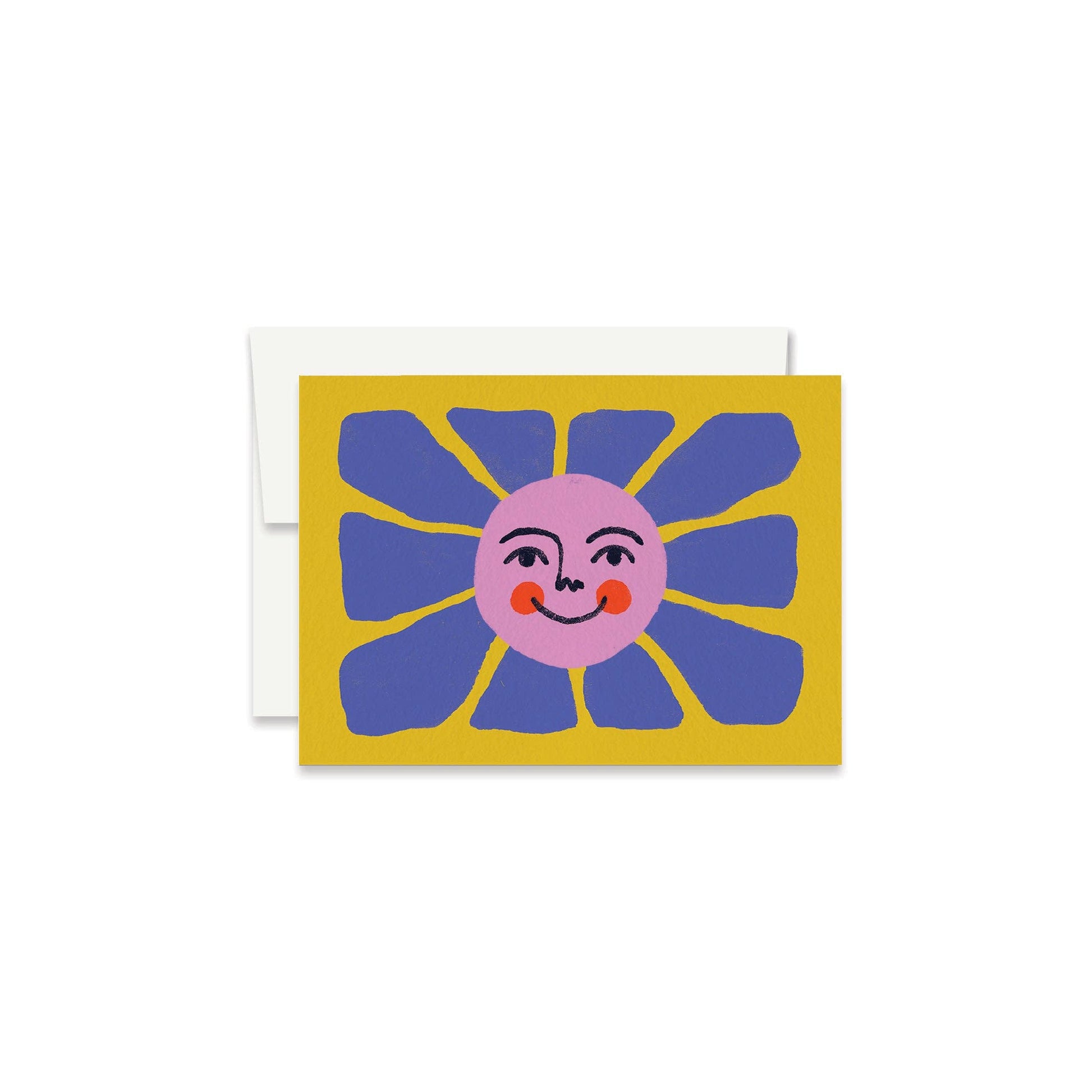 Purple-petaled sunflower with a smiling pink face on mustard yellow background