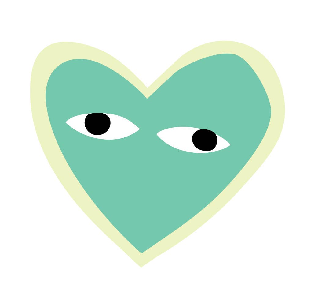 Green, turquoise, and pale yellow heart-shaped vinyl sticker with a googly-eyed cartoon face