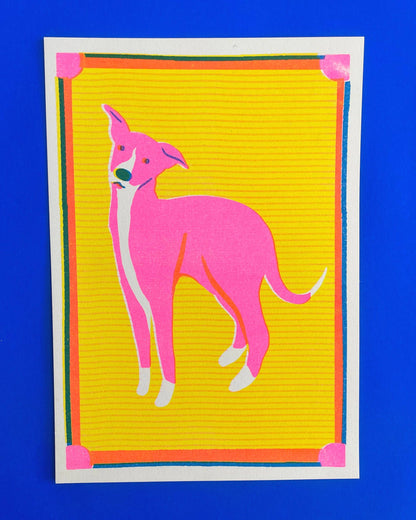 Risograph print of a pink whippet on a bold yellow background with graphic tribal-style border - PABOOM