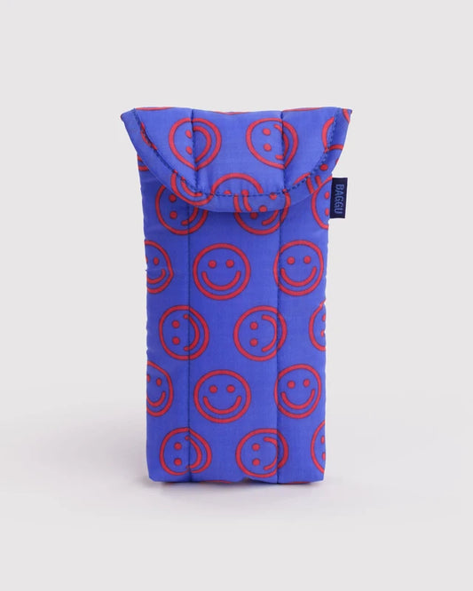 BAGGU Puffy Glasses Sleeve in mini cobalt happy smiley print with magnetic flap closure - PABOOM