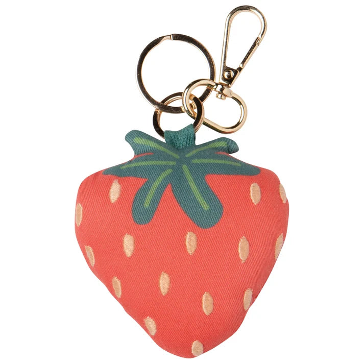 Plush red strawberry-shaped bag charm with green stem detail and a gold keyring clasp – PABOOM