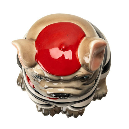 Close-up of the French Bulldog cookie jar's painted face detail