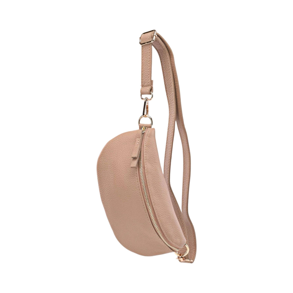 Grained leather belt bag, back view showing adjustable strap