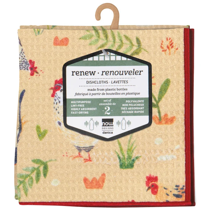 Free Range microfibre dishcloths shown unfolded to display the full chicken print – PABOOM