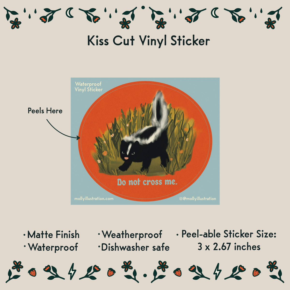 Close-up detail of the skunk illustration on the Do Not Cross Me sticker