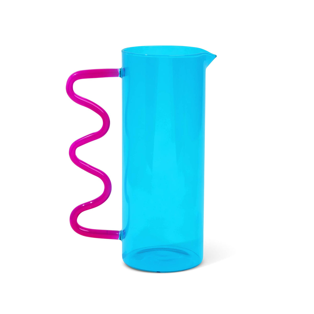 44oz Squiggle Pitcher in aqua and pink styled on a kitchen counter