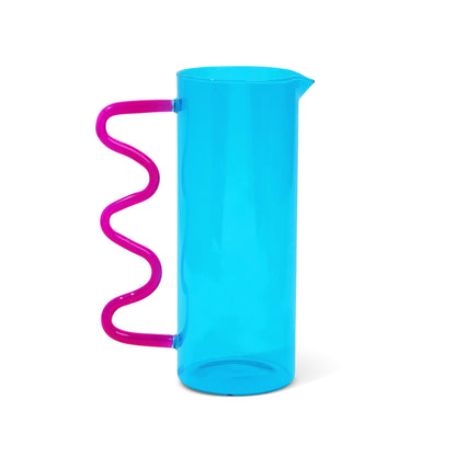44oz Squiggle Pitcher in aqua and pink styled on a kitchen counter