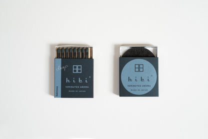 Hibi Oak Moss incense matches in a blue box, open to show matchsticks beside a closed box - PABOOM