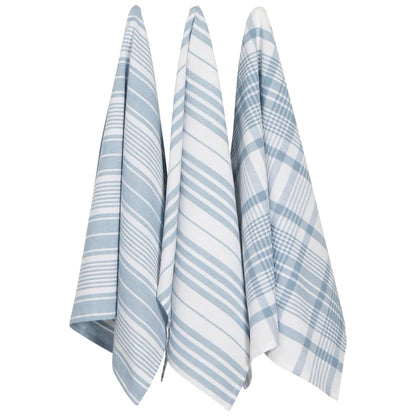 Three jumbo slate blue and white cotton dishtowels in striped, diagonal, and plaid patterns hanging together – PABOOM