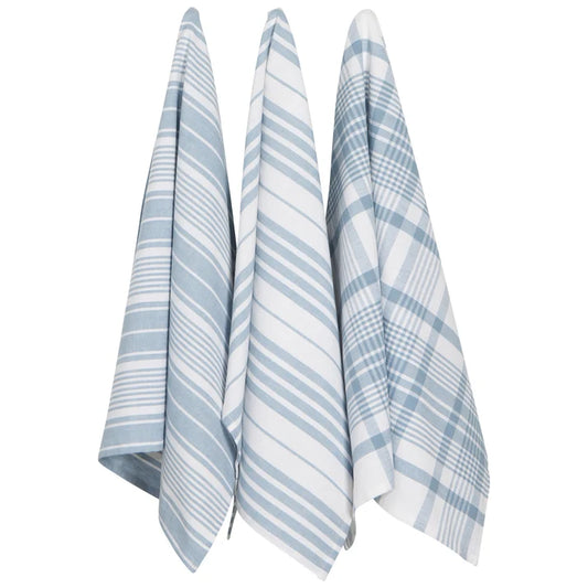 Three jumbo slate blue and white cotton dishtowels in striped, diagonal, and plaid patterns hanging together – PABOOM