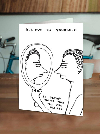David Shrigley x Brainbox Candy Believe in Yourself card with neon yellow envelope - PABOOM