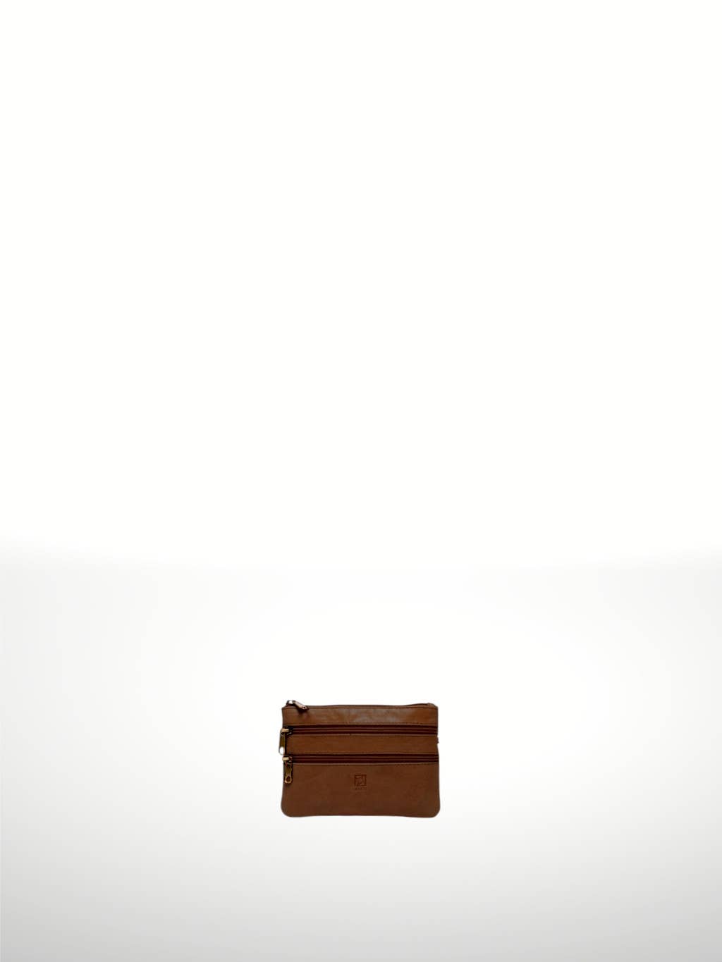 Titan Leather Wallet in Leather — compact three-zip leather pouch with embossed logo tab, shown flat on white background