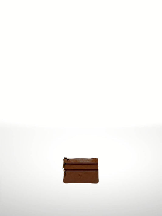 Titan Leather Wallet in Leather — compact three-zip leather pouch with embossed logo tab, shown flat on white background