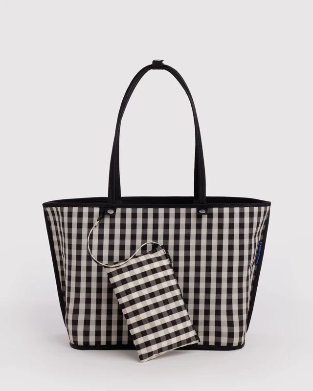 BAGGU Large Nylon Reversible Tote shown reversed to reveal the alternate gingham side