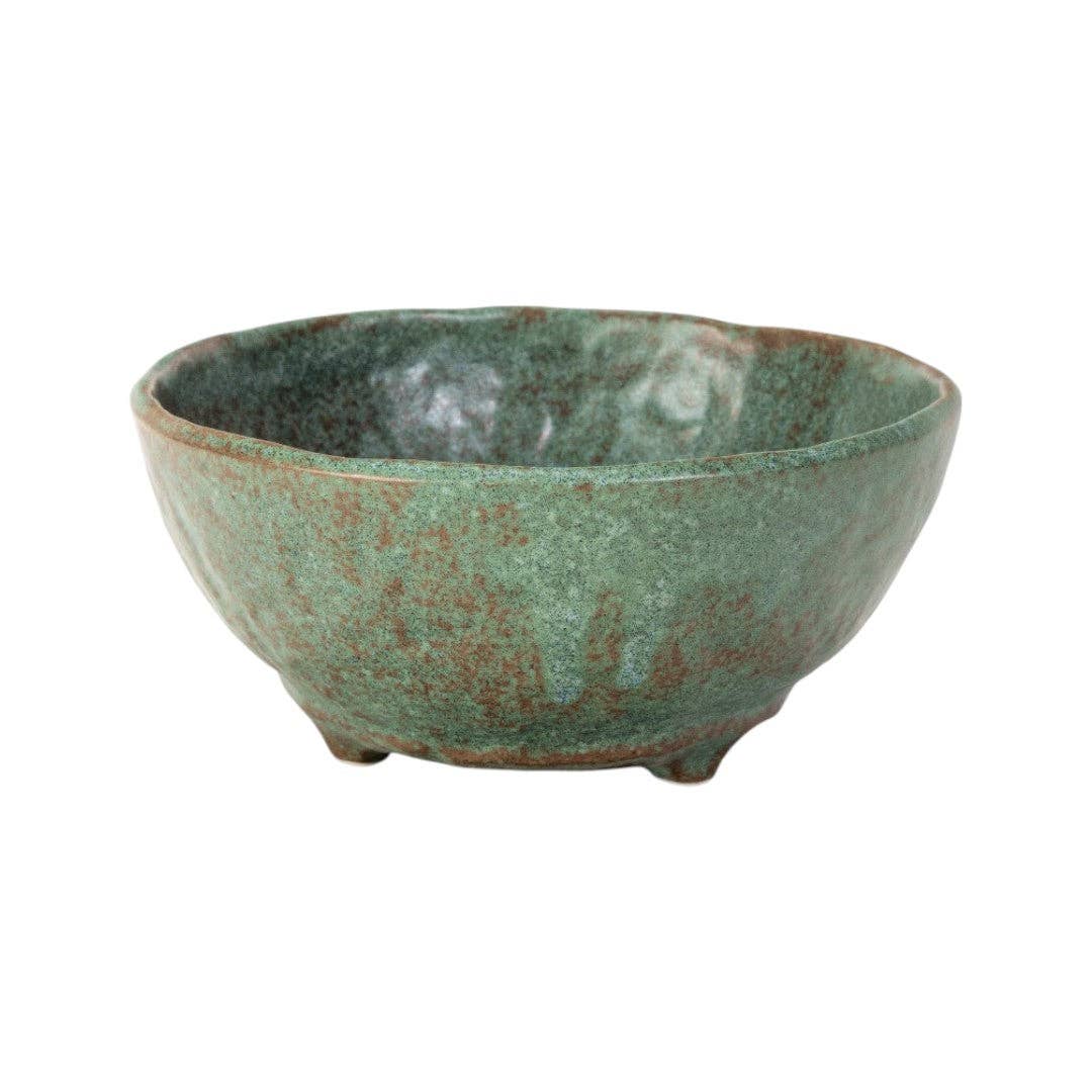 Rustic mottled moss-green porcelain tripod bowl with brown flecks - PABOOM