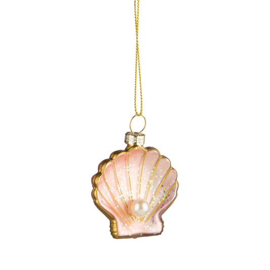 Pink glass seashell ornament with gold glitter trim and pearl centre accent - PABOOM